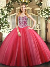 Sexy Floor Length Lace Up Sweet 16 Dresses Coral Red for Military Ball and Sweet 16 and Quinceanera with Beading