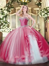 Fitting Coral Red Sleeveless Beading and Ruffles Floor Length Quinceanera Dress