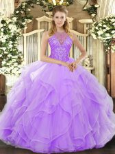 Wonderful Floor Length Lace Up 15th Birthday Dress Lavender for Military Ball and Sweet 16 and Quinceanera with Beading and Ruffles