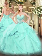  Floor Length Aqua Blue 15 Quinceanera Dress Tulle Sleeveless Beading and Ruffles