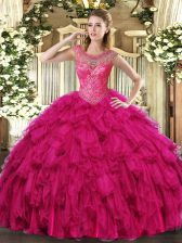 Shining Floor Length Ball Gowns Sleeveless Fuchsia Vestidos de Quinceanera Lace Up