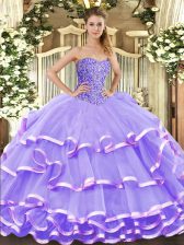  Lavender Ball Gowns Organza Sweetheart Sleeveless Beading and Ruffled Layers Floor Length Lace Up Quinceanera Gowns