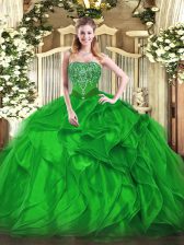 Luxurious Floor Length Lace Up Sweet 16 Dress Green for Military Ball and Sweet 16 and Quinceanera with Beading and Ruffles