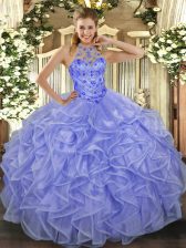 Lavender Organza Lace Up Halter Top Sleeveless Asymmetrical Sweet 16 Quinceanera Dress Beading and Ruffles