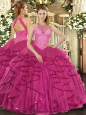  Floor Length Hot Pink Sweet 16 Dresses High-neck Sleeveless Lace Up