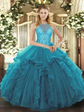 Captivating High-neck Sleeveless Quinceanera Gown Asymmetrical Beading and Ruffles Teal Organza