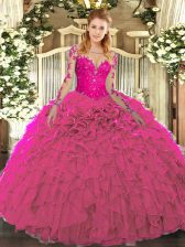 Trendy Scoop Long Sleeves Quinceanera Dress Floor Length Lace and Ruffles Fuchsia Organza