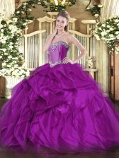  Floor Length Purple Sweet 16 Dresses Organza Sleeveless Beading and Ruffles