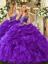  Straps Sleeveless Organza Quinceanera Dress Beading and Ruffles and Pick Ups Lace Up