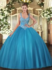 Extravagant Teal Sleeveless Floor Length Beading Lace Up Vestidos de Quinceanera