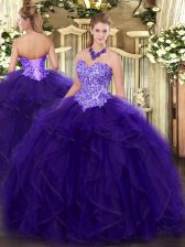 Beauteous Purple Ball Gowns Organza Sweetheart Sleeveless Appliques and Ruffles Floor Length Lace Up Ball Gown Prom Dress
