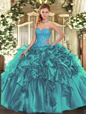  Sweetheart Sleeveless Quinceanera Dresses Floor Length Beading and Ruffles Teal Organza