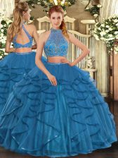  Floor Length Teal 15th Birthday Dress Halter Top Sleeveless Criss Cross