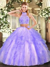 Beautiful Two Pieces Vestidos de Quinceanera Lavender Halter Top Tulle Sleeveless Floor Length Criss Cross