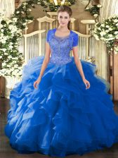  Floor Length Blue Quinceanera Dress Tulle Sleeveless Beading and Ruffled Layers