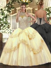  Gold Ball Gowns Beading and Appliques Sweet 16 Quinceanera Dress Lace Up Tulle Sleeveless Floor Length