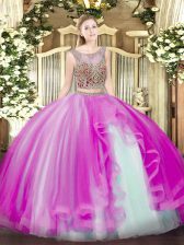 Charming Fuchsia Tulle Lace Up Sweet 16 Dress Sleeveless Floor Length Beading and Ruffles