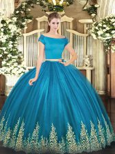  Short Sleeves Tulle Floor Length Zipper 15th Birthday Dress in Teal with Appliques