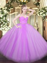 Modest Lilac Tulle Zipper Quinceanera Gowns Sleeveless Floor Length Beading and Lace