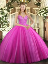Luxurious Fuchsia Sleeveless Floor Length Beading Lace Up 15 Quinceanera Dress