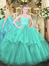 Nice Sweetheart Sleeveless Tulle Quinceanera Gowns Beading and Lace and Ruffled Layers Brush Train Zipper