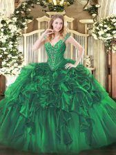 Amazing Floor Length Lace Up Quinceanera Dress Green for Military Ball and Sweet 16 and Quinceanera with Beading and Ruffles