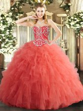 Tulle Sweetheart Sleeveless Lace Up Beading and Ruffles Quinceanera Gowns in Watermelon Red