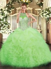 High End Halter Top Sleeveless Organza Vestidos de Quinceanera Beading and Ruffles and Pick Ups Lace Up