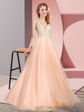 Pretty Peach V-neck Neckline Lace Prom Evening Gown Sleeveless Zipper