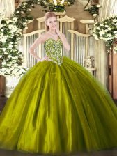 Fancy Olive Green Ball Gowns Beading 15 Quinceanera Dress Lace Up Tulle Sleeveless Floor Length