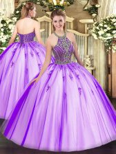 Modest Beading Quince Ball Gowns Eggplant Purple Lace Up Sleeveless Floor Length