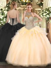 Trendy Halter Top Sleeveless Sweet 16 Quinceanera Dress Floor Length Beading Peach Tulle
