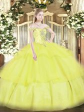 Artistic Yellow Lace Up Sweet 16 Dress Beading and Ruffled Layers Sleeveless Floor Length