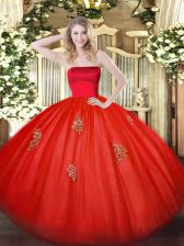 Latest Strapless Sleeveless Zipper 15 Quinceanera Dress Red Tulle