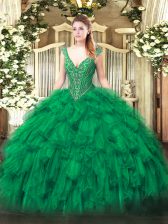  Green Organza Lace Up V-neck Sleeveless Floor Length Quinceanera Gown Beading and Ruffles