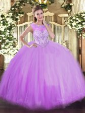  Scoop Sleeveless Sweet 16 Quinceanera Dress Floor Length Beading Lavender Tulle