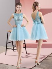 Admirable Aqua Blue Bateau Neckline Beading and Belt Prom Dress Sleeveless Backless