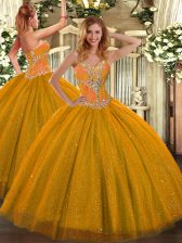  Sleeveless Tulle Floor Length Lace Up Quince Ball Gowns in Gold with Beading