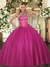  Hot Pink Quinceanera Dress Military Ball and Sweet 16 and Quinceanera with Beading Halter Top Sleeveless Lace Up