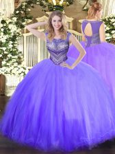 Luxurious Scoop Sleeveless Sweet 16 Dresses Floor Length Beading Lavender Tulle