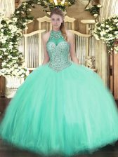  Apple Green Sleeveless Tulle Lace Up Sweet 16 Quinceanera Dress for Military Ball and Sweet 16 and Quinceanera