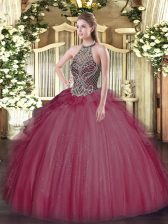  Burgundy Lace Up Halter Top Beading Vestidos de Quinceanera Tulle Sleeveless