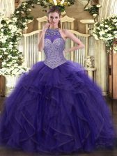 Fashionable Halter Top Sleeveless Lace Up Vestidos de Quinceanera Purple Tulle