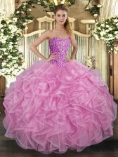 Latest Rose Pink Sleeveless Floor Length Beading and Ruffles Lace Up Quinceanera Gowns