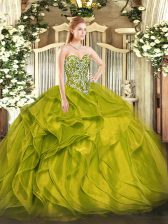  Olive Green Sweetheart Neckline Beading and Ruffles Sweet 16 Quinceanera Dress Sleeveless Lace Up