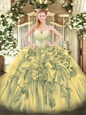 New Style Sweetheart Sleeveless Lace Up Quince Ball Gowns Olive Green Organza