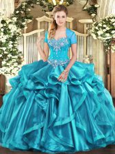  Sleeveless Floor Length Beading and Ruffles Lace Up Quinceanera Gowns with Aqua Blue