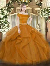 Sophisticated Floor Length Zipper 15th Birthday Dress Brown for Military Ball and Sweet 16 and Quinceanera with Appliques and Ruffles
