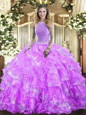  Lavender Sleeveless Organza Lace Up Quinceanera Gowns for Military Ball and Sweet 16 and Quinceanera