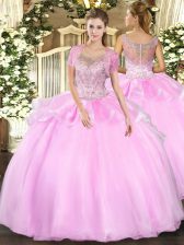 Pretty Floor Length Clasp Handle Quinceanera Gowns Baby Pink for Military Ball and Sweet 16 and Quinceanera with Beading and Ruffles